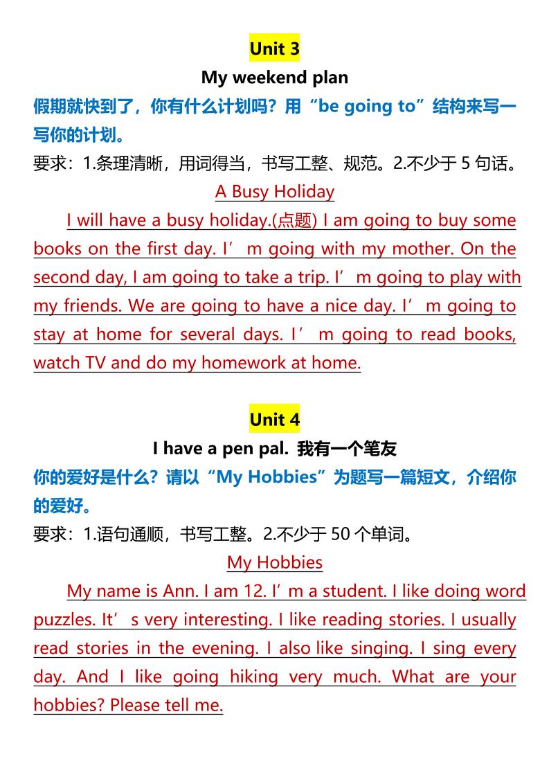 【2025秋新版】【六年级上册英语】各单元英语作文范文