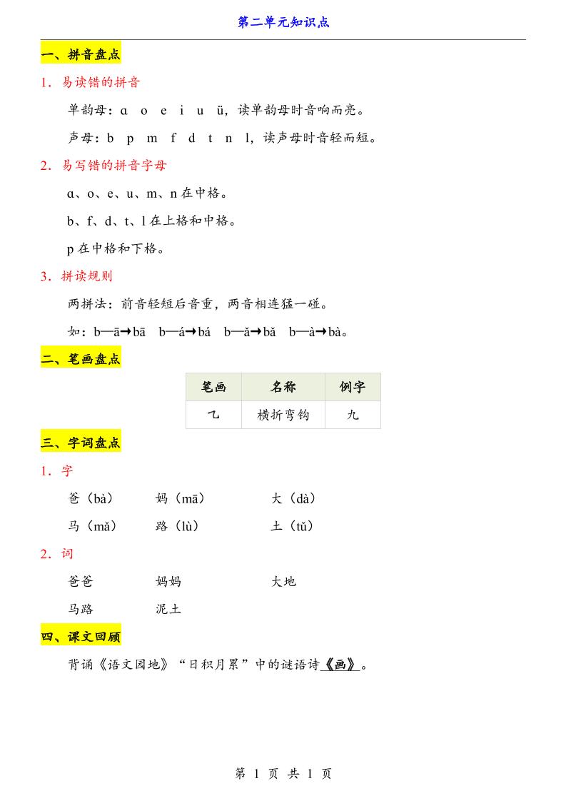 第2单元（知识点）一上语文-玖零笔记