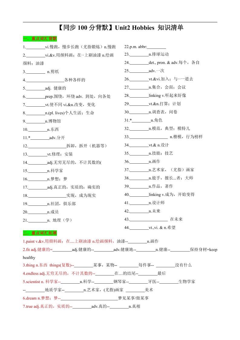 七年级上英语Unit2知识清单背默-玖零笔记