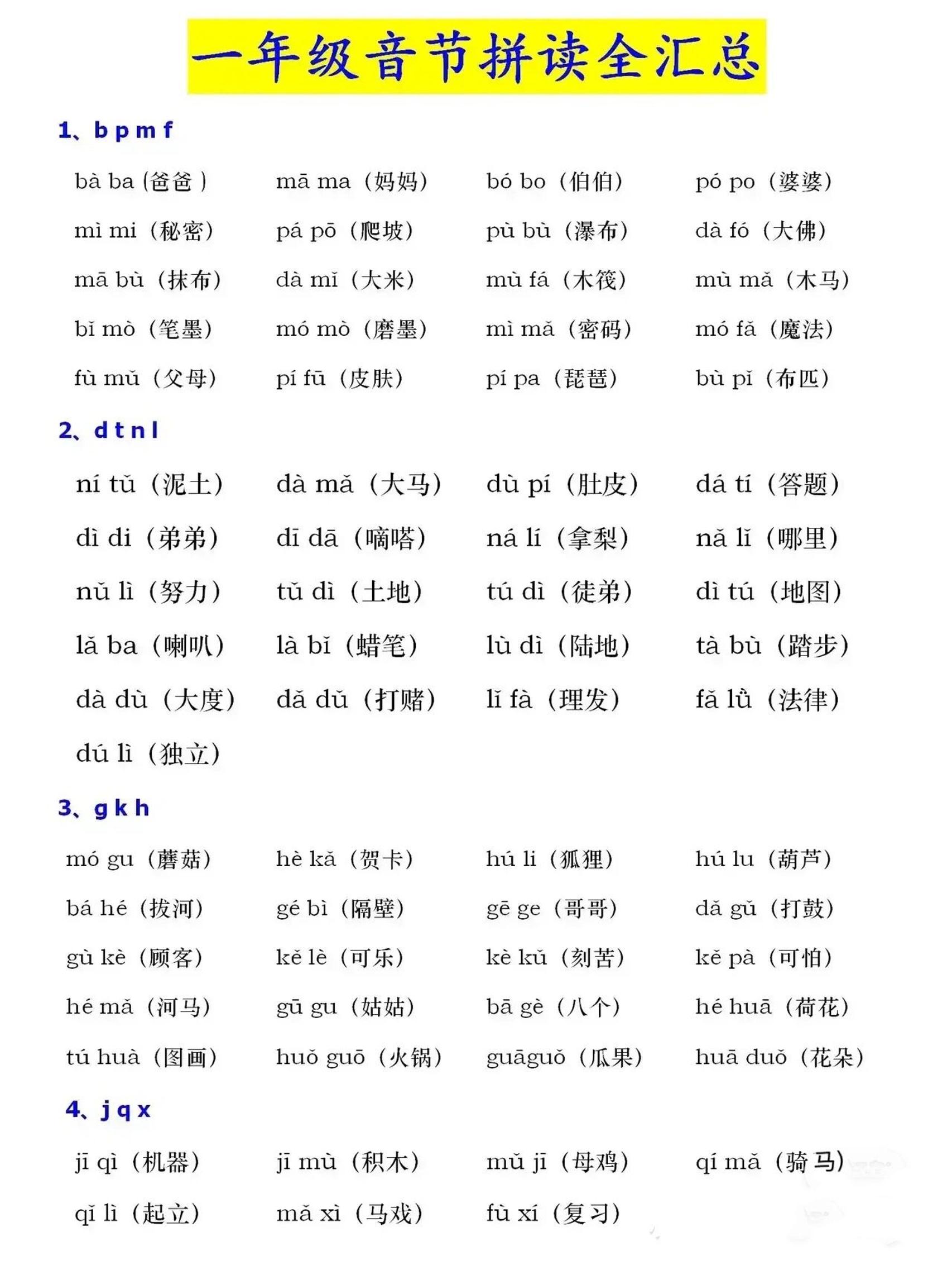 一年级上语文音节拼读全汇总-玖零笔记