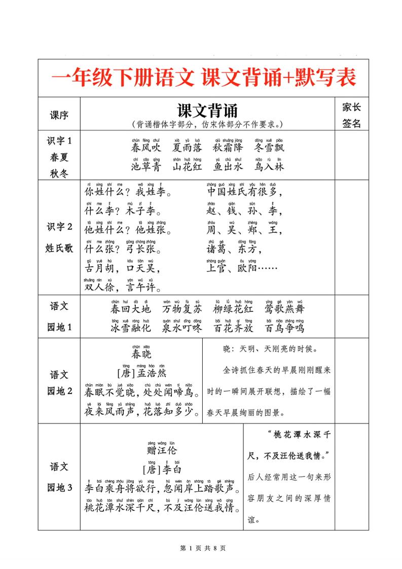 一下语文课文背诵+默写表-玖零笔记