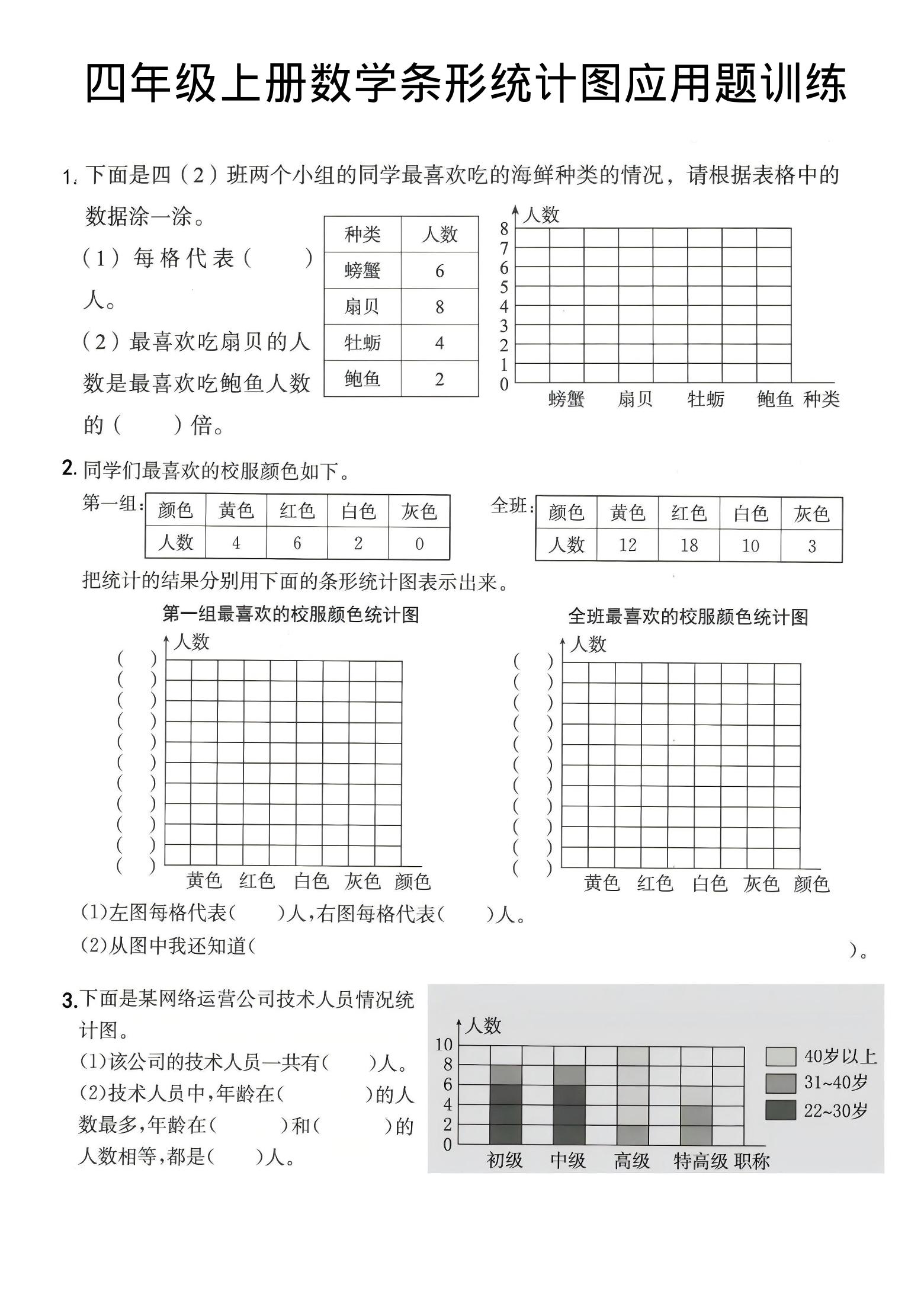 四年级上数学条形统计图应用题训练-玖零笔记