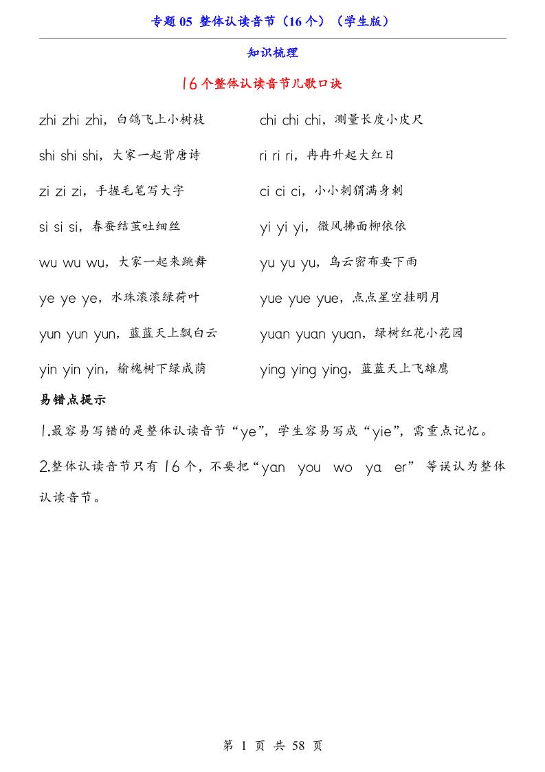 一上语文-专题05整体认读音节（16个）（知识+训练）-玖零笔记