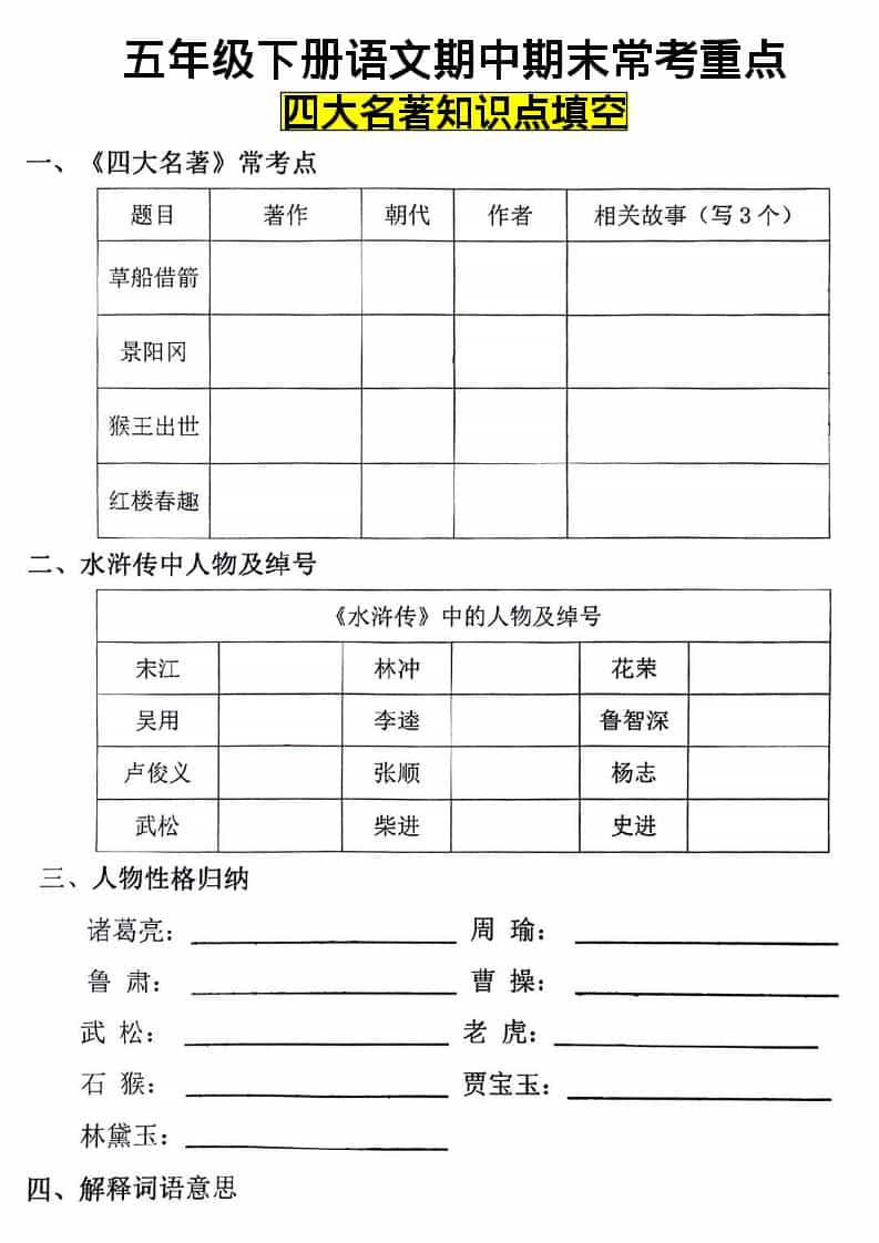 五年级下语文四大名著知识点填空-玖零笔记