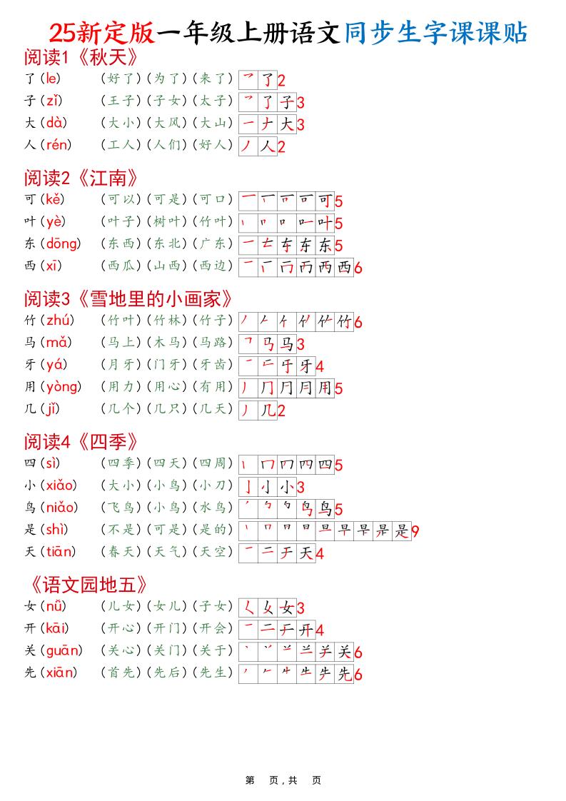 一年级上语文25最新版同步生字课课贴