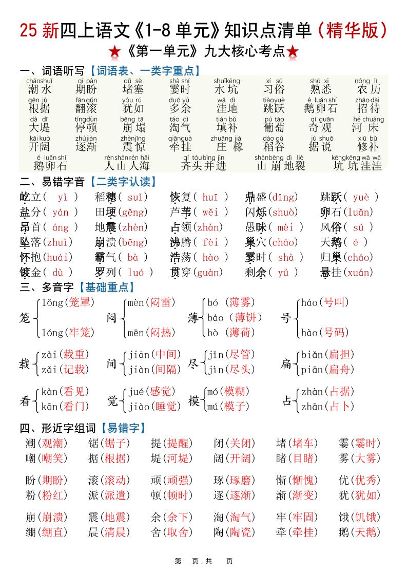 25新四上语文1-8单元知识点清单（精华版）九大核心考点23页-玖零笔记