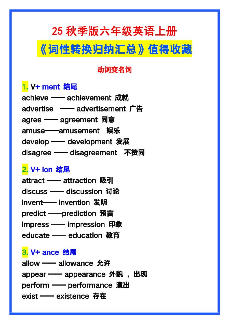 【2025秋新版】六年级英语上册《词性转换归纳汇总》，值得收藏！-玖零笔记