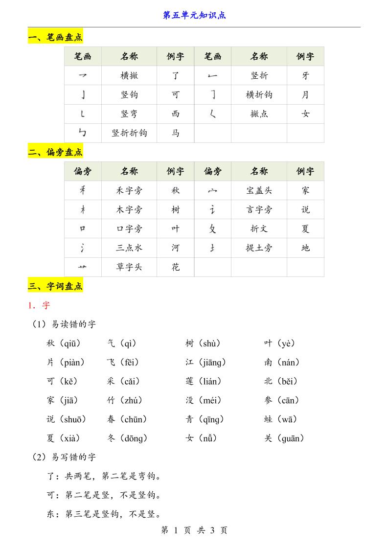 第5单元（知识点）一上语文-玖零笔记