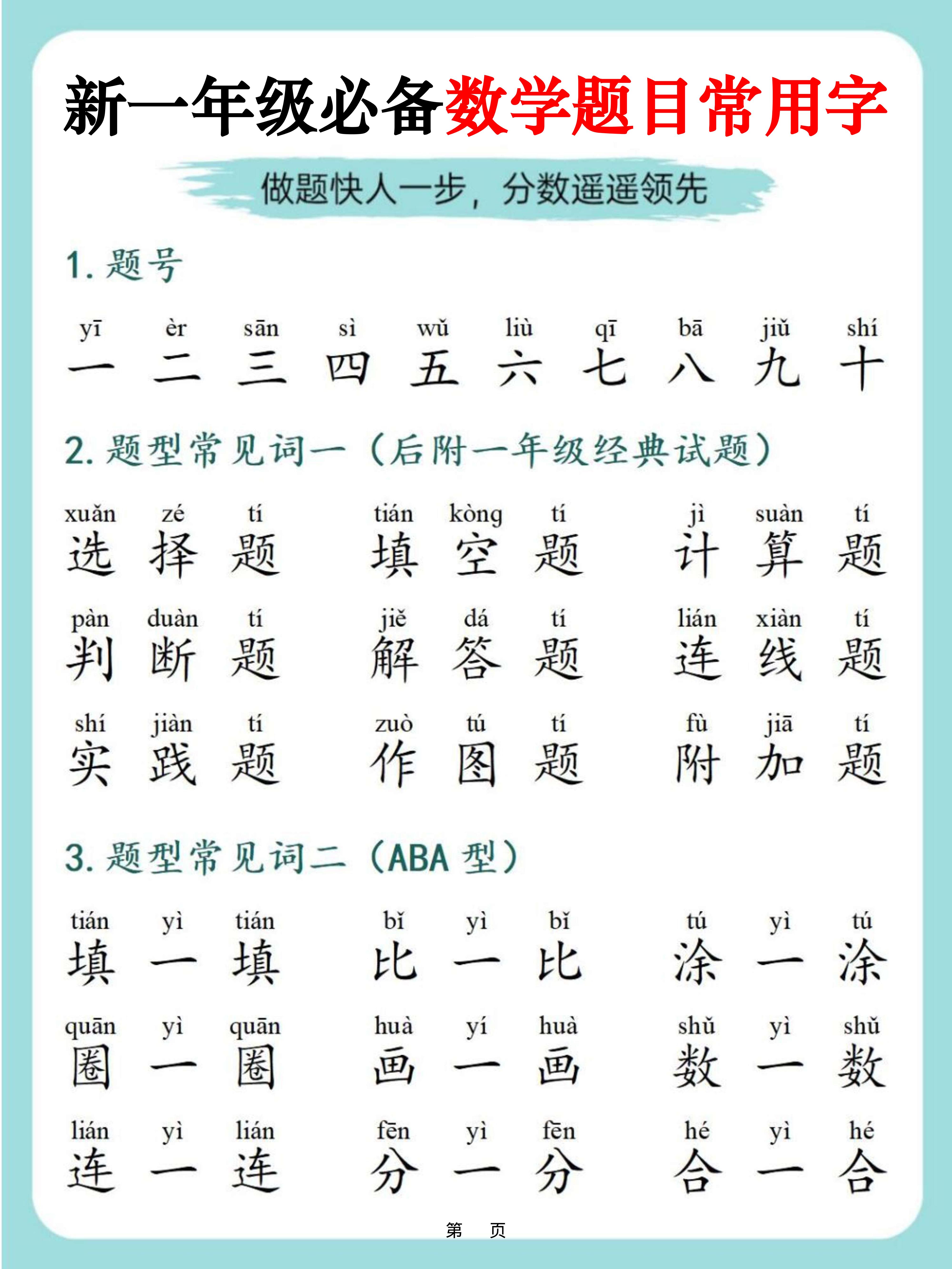 一上数学-必备数学题目常用字9页-玖零笔记