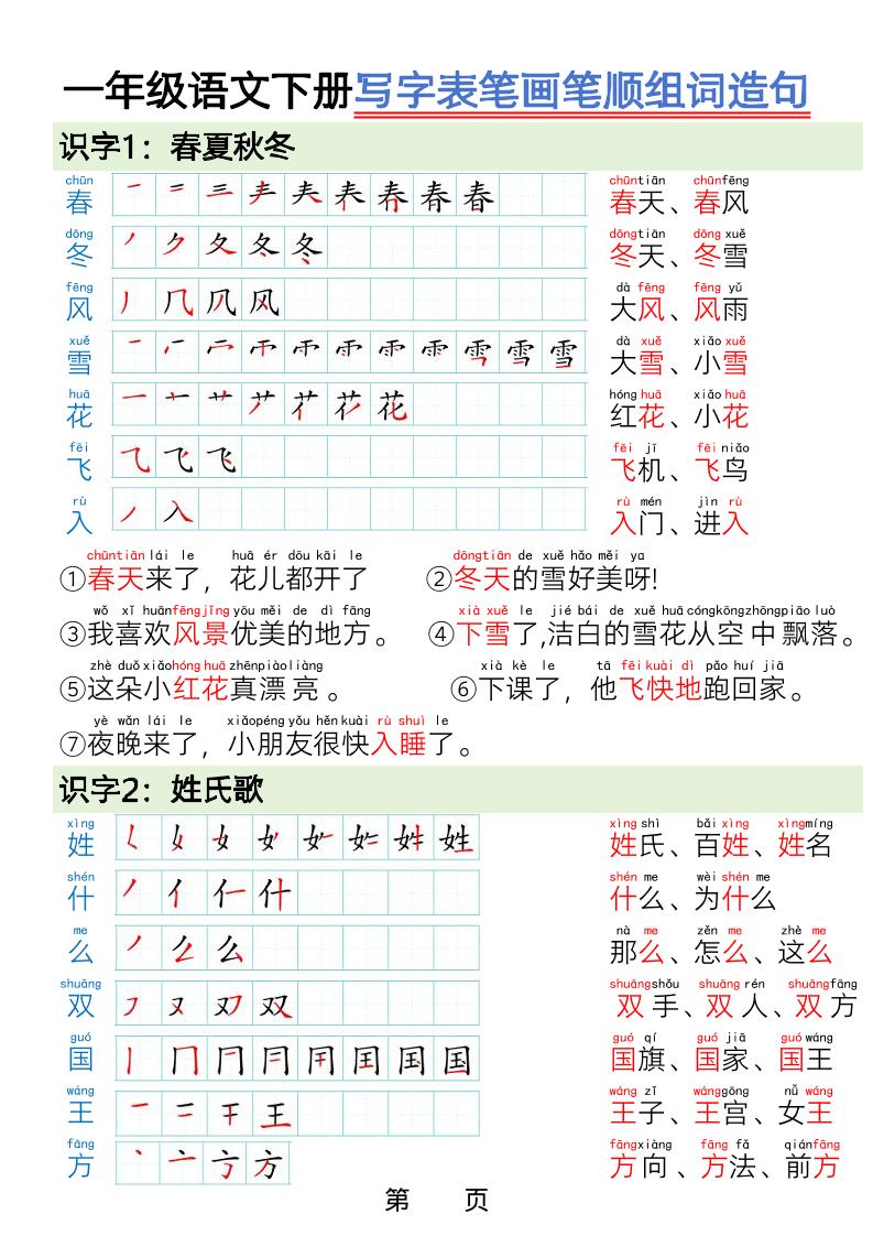 一年级下语文写字表笔画笔顺组词造句-玖零笔记