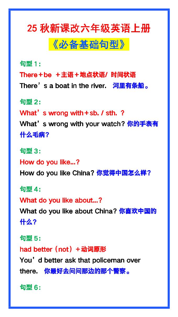 【2025秋新版】六年级英语上册《必备基础句型》，最全整理！-玖零笔记