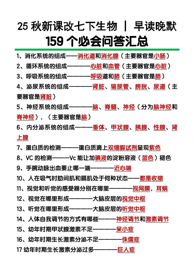 【2025秋新版】七下生物159个必会问答汇总-玖零笔记