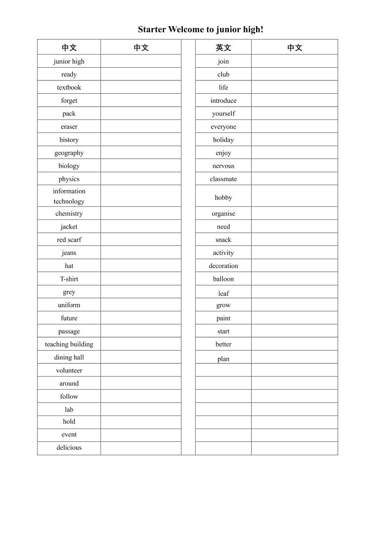 七年级上英语单词（英译中）