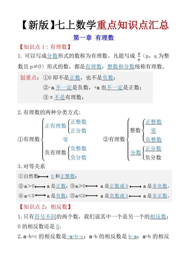 七年级上数学知识点总结（人教版）-玖零笔记