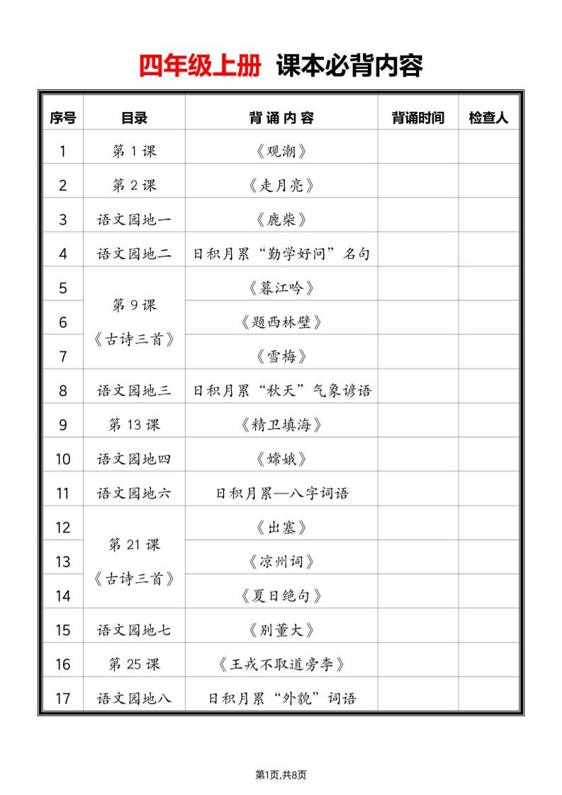 2025四上语文必背课文内容汇总-玖零笔记