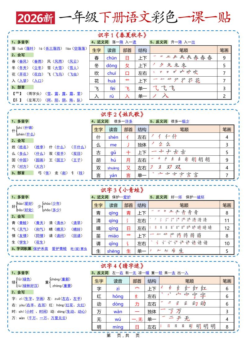 新一年级下语文彩色一课一贴-玖零笔记