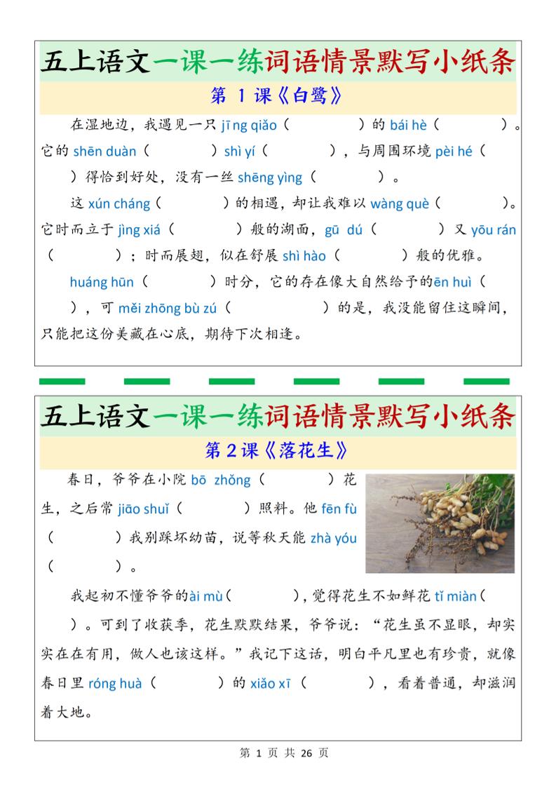 五上语文一课一练词语情景默写小纸条（含答案26页）-玖零笔记