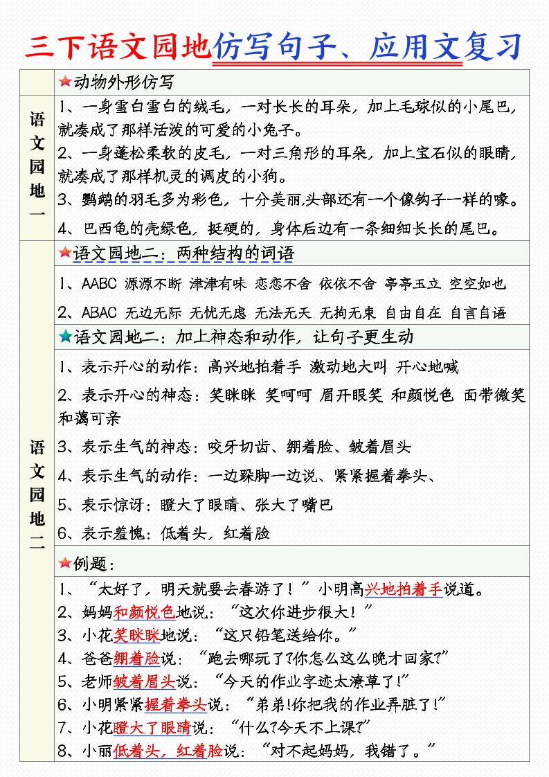 三年级下语文1-8单元语文园地句子仿写+应用文专练-玖零笔记
