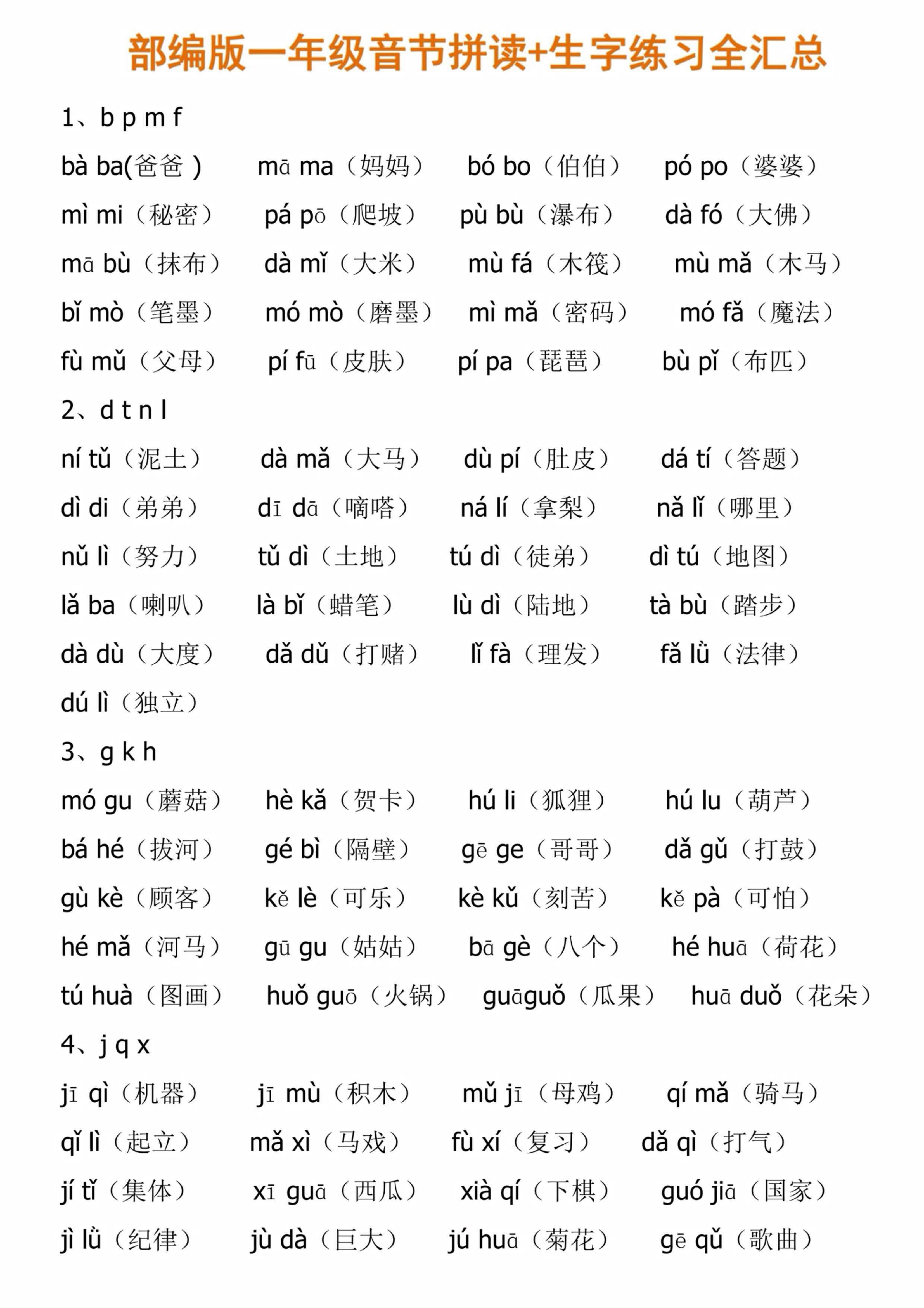 一年级上语文音节拼读和练习汇总-玖零笔记