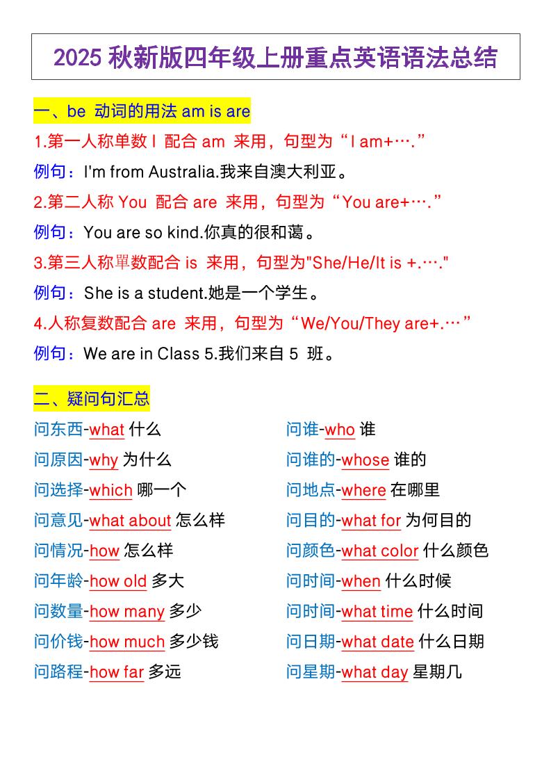 【2025秋新版】四年级上册英语，重点英语语法总结-玖零笔记