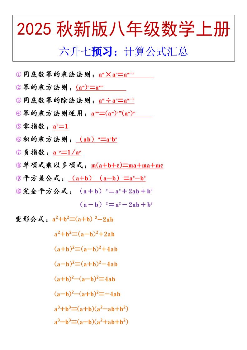 【2025秋新版】八年级上册数学计算公式汇总-玖零笔记