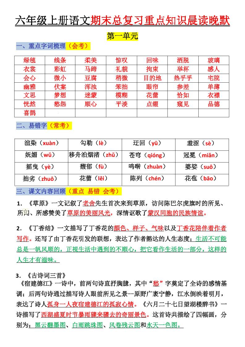 六上语文复习重点晨读单(16页)-玖零笔记