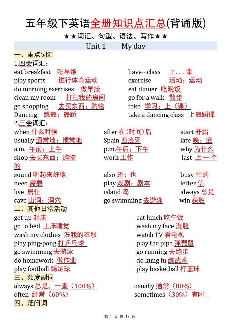 【五年级pep版英语】五年级下英语全册知识点汇总(背诵版)-玖零笔记