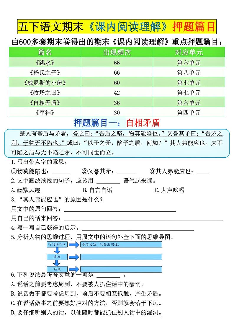 五下语文期末《课内阅读理解》押题篇目空白+答案-玖零笔记