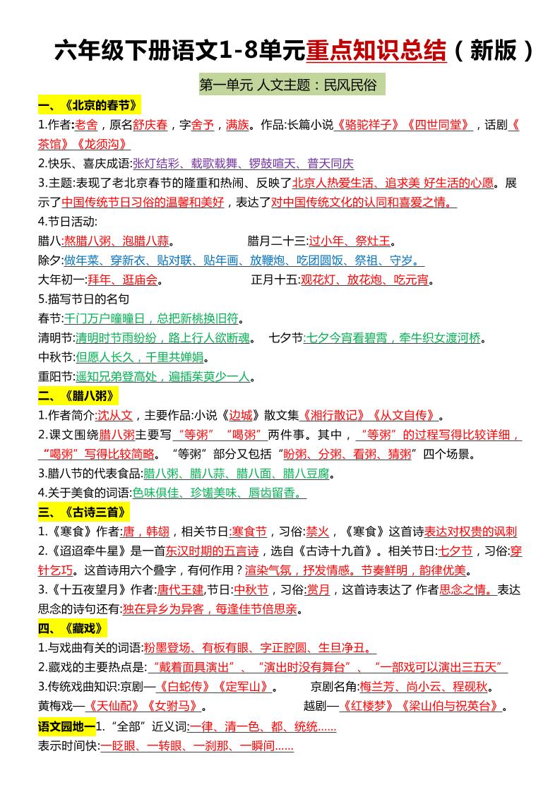 六年级下语文1-8单元常考知识点总结-玖零笔记