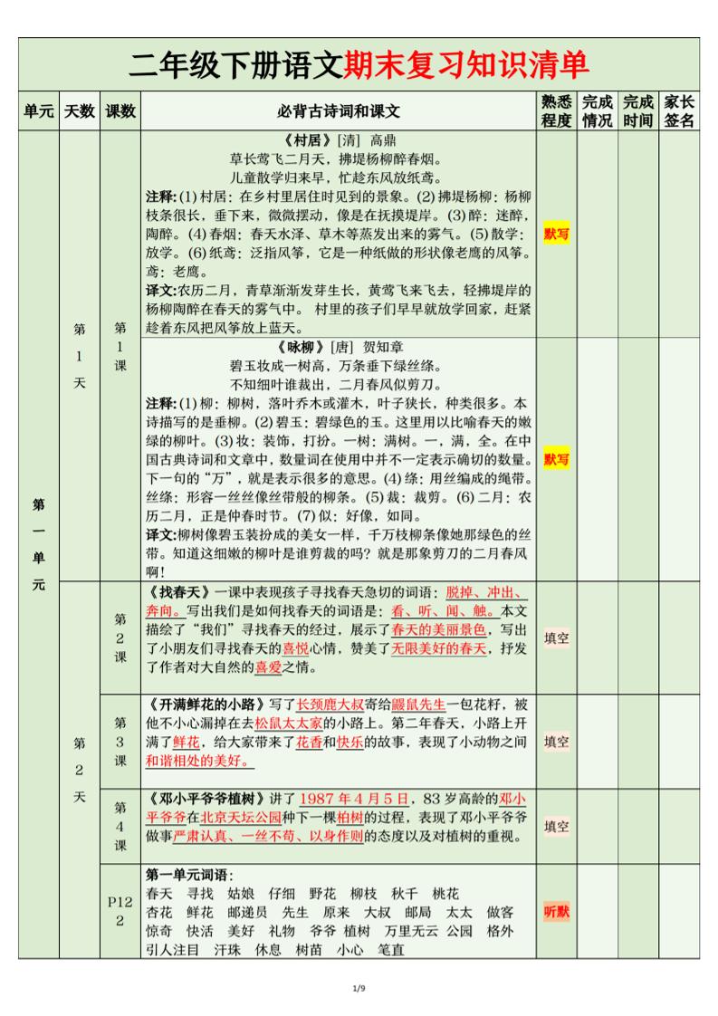 二年级下语文期末复习计划清单-玖零笔记