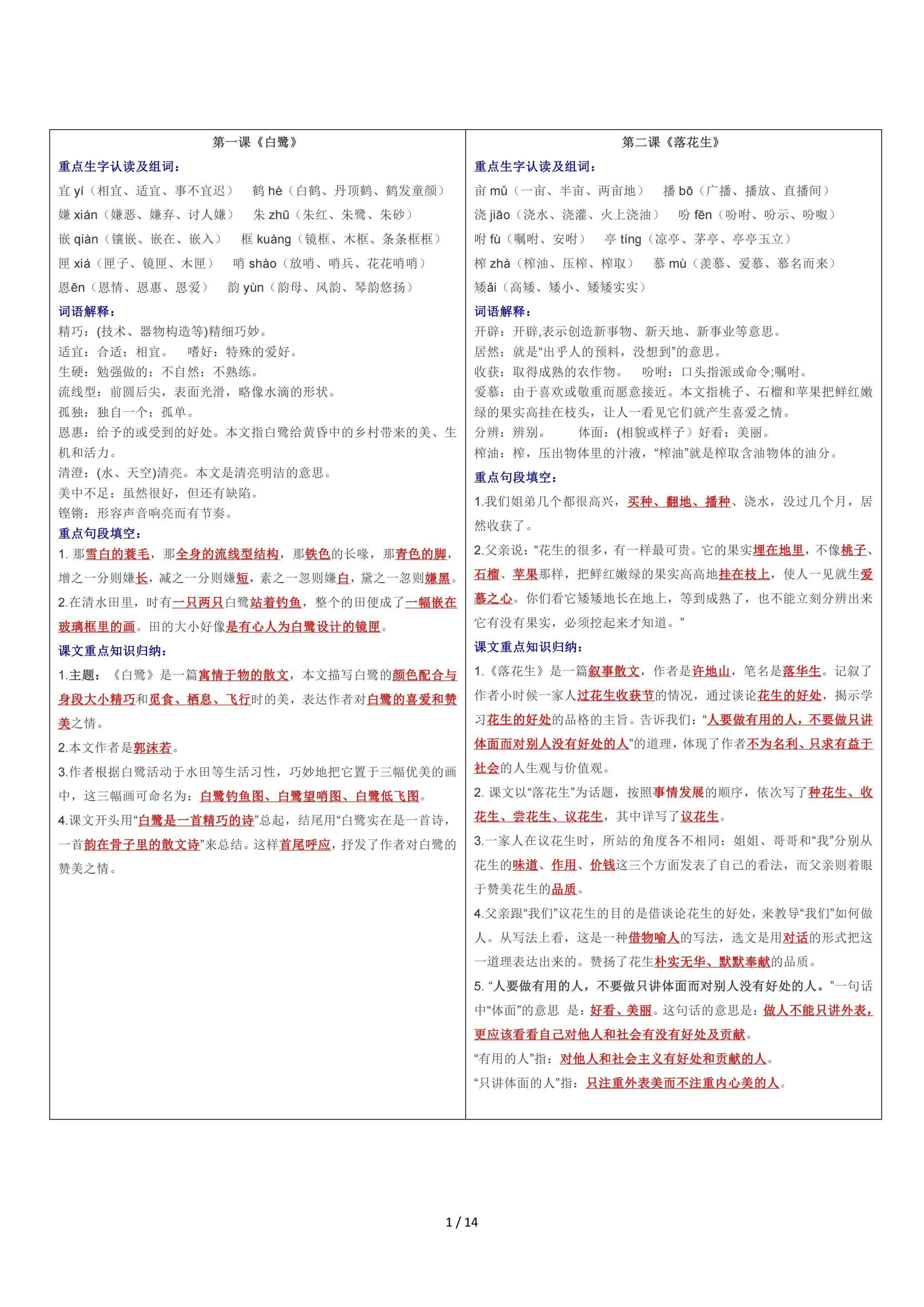 五年级（上）【课课贴】每课重点生字组词认读贴-玖零笔记