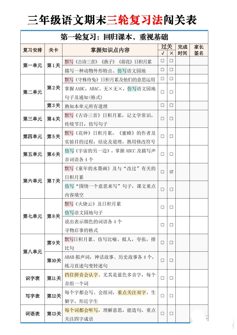 三下语文【期末三轮复习法闯关表】（2页）-玖零笔记
