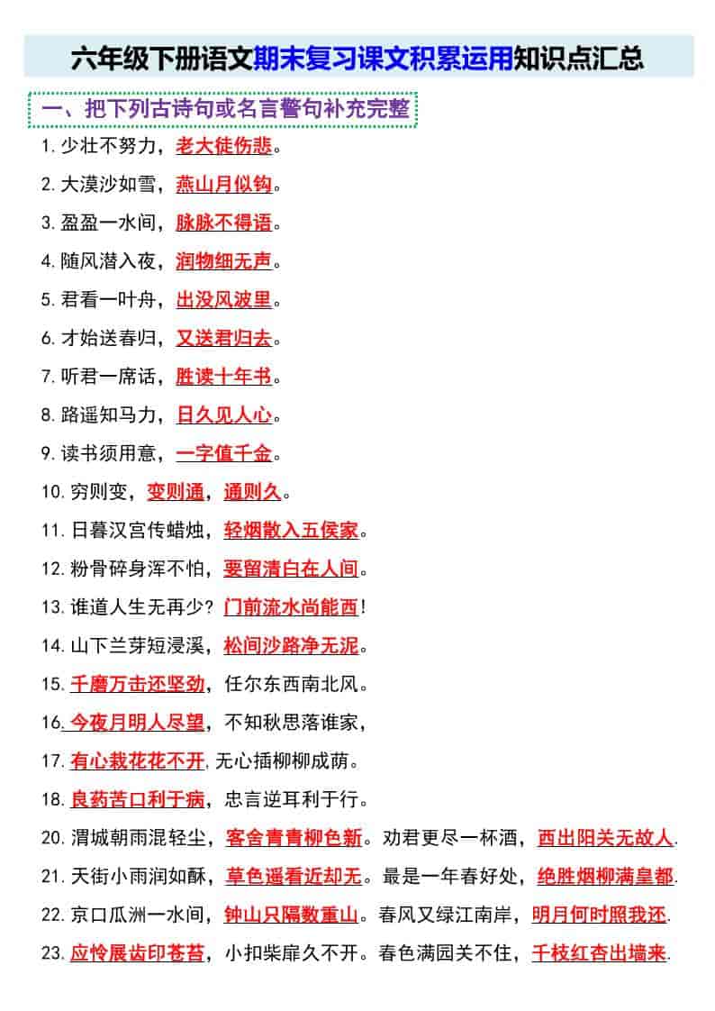六年级下语文期末复习课文积累运用知识点汇总-玖零笔记