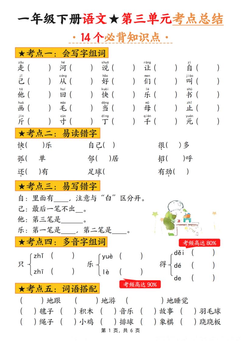 一下语文第三单元考点总结（含练习6页）-玖零笔记
