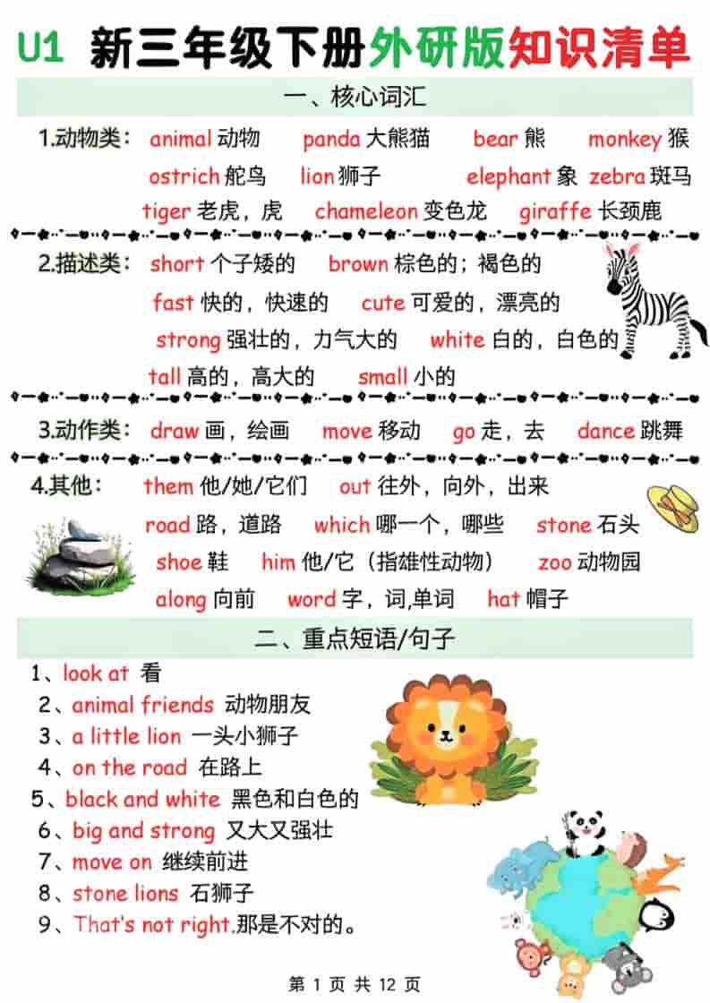 三年级下英语Unit1-6知识清单《外研版（三起）》-玖零笔记