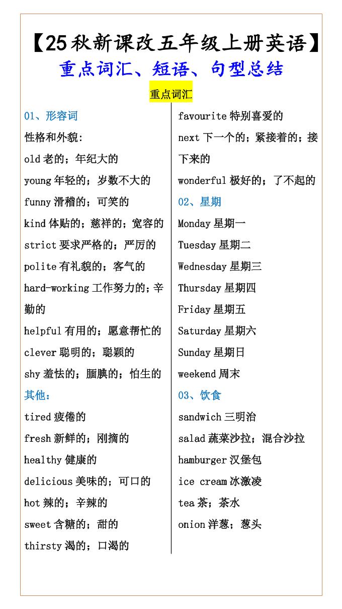 【2025秋新版】【五年级上册英语】重点词汇、短语、句型总结-玖零笔记
