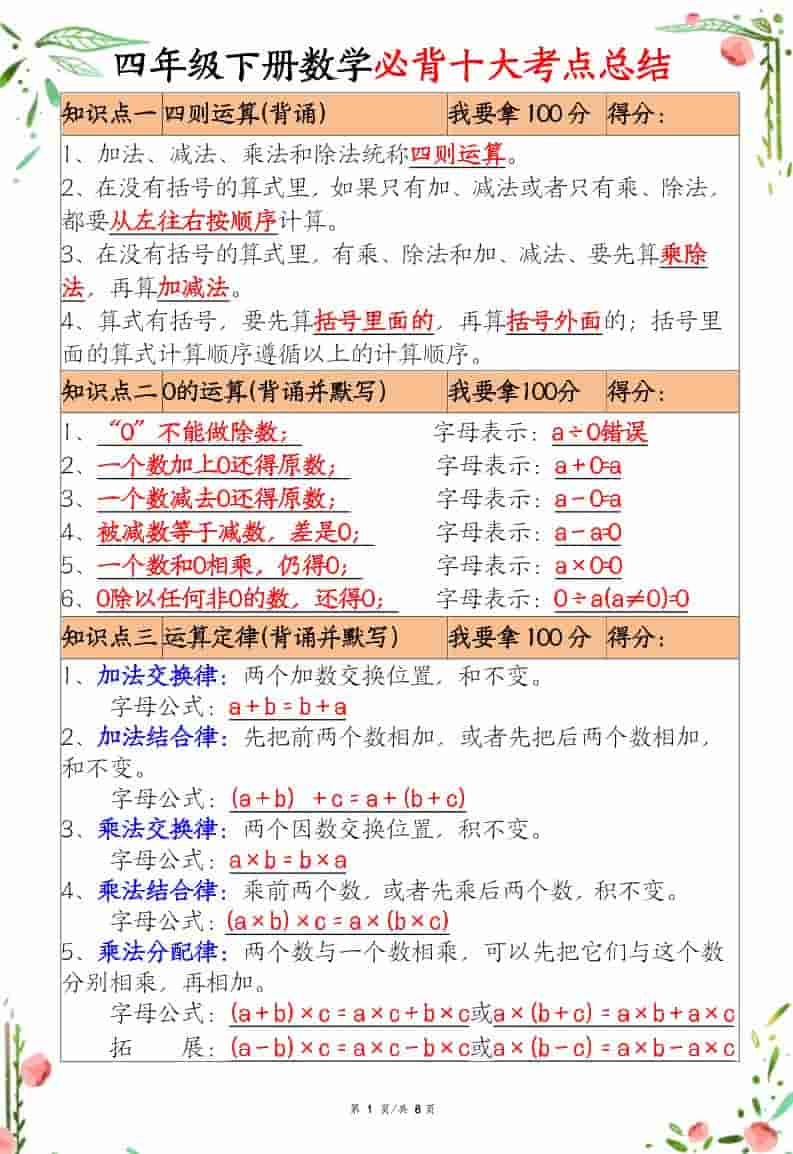 四年级下数学十大必背考点总结-玖零笔记