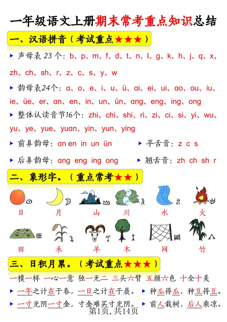 新一上语文期末常考重点知识总结（15考点）14页-玖零笔记