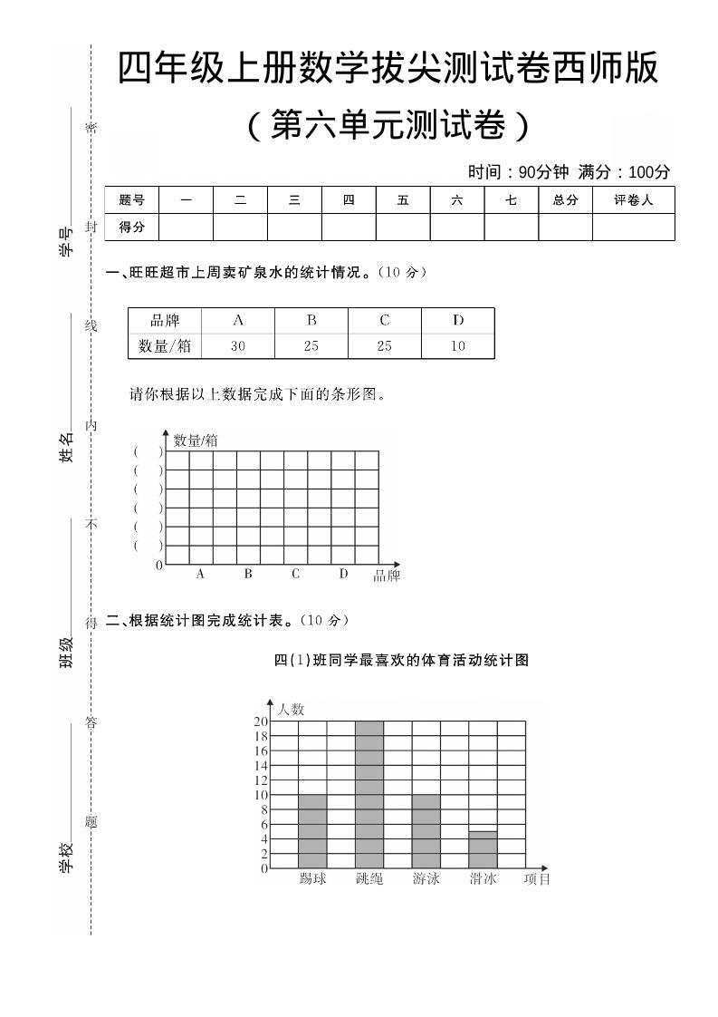 四年级上数学第六单元拔尖测试卷《西师版》-玖零笔记