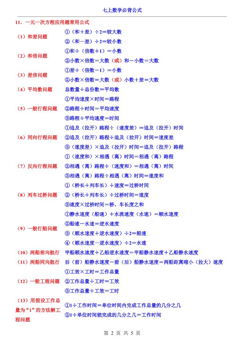 七年级上数学必背公式（人教版）