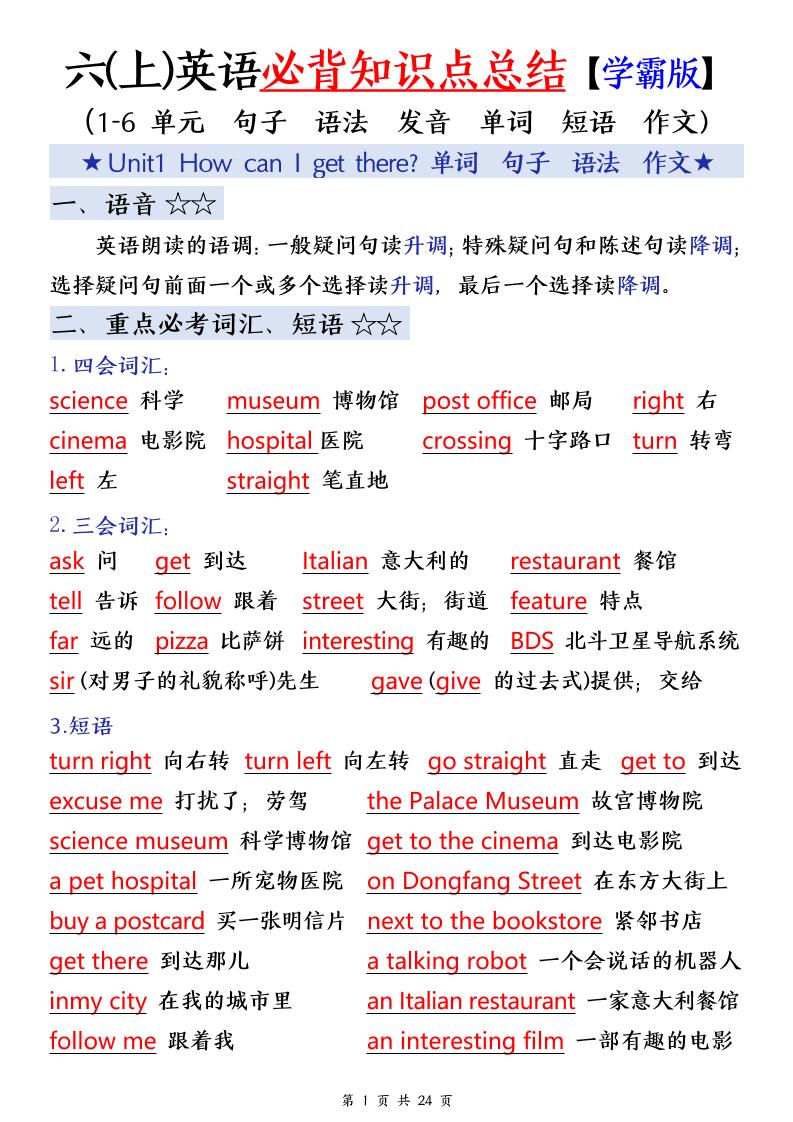 25年秋六上英语必备知识点汇总（单词+短语+句型+语法+写作）24页-玖零笔记