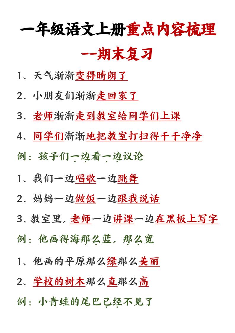 一年级语文上册重点预习内容梳理1
