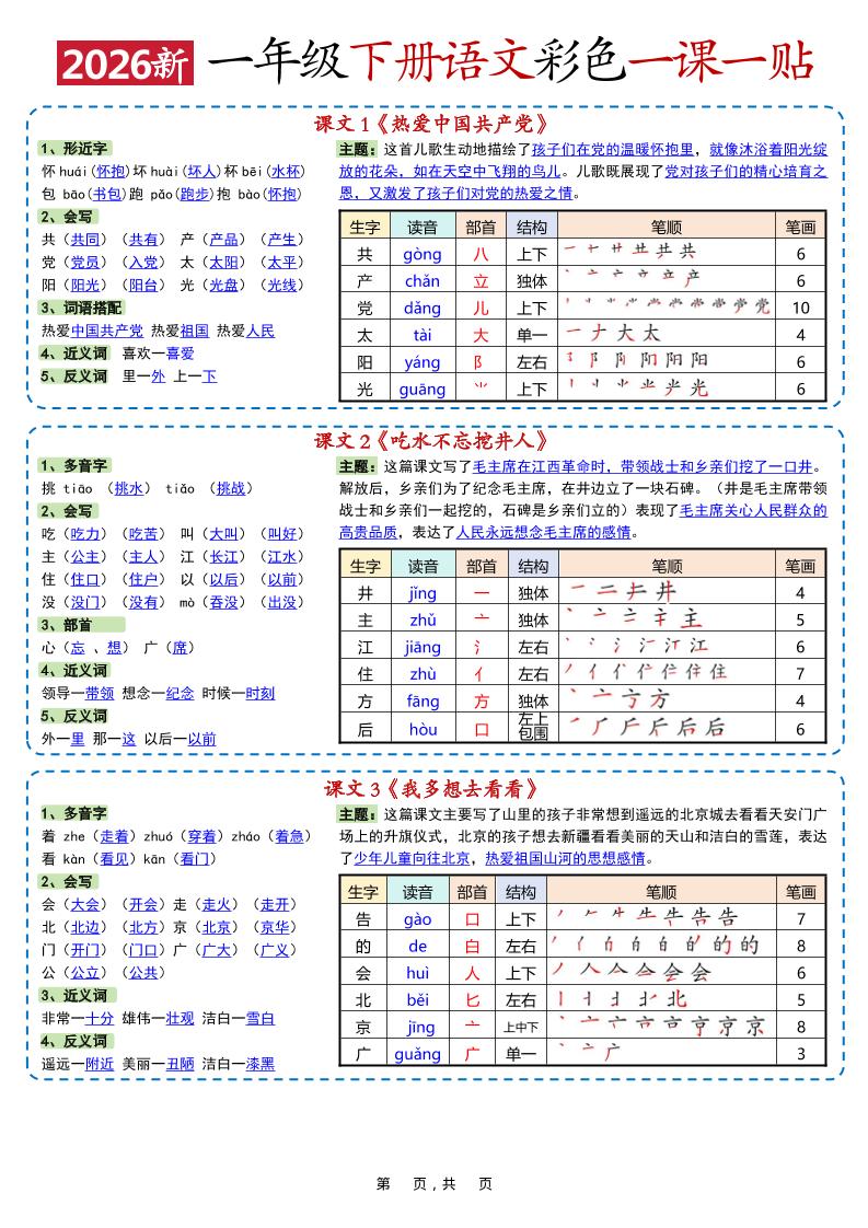 新一年级下语文彩色一课一贴