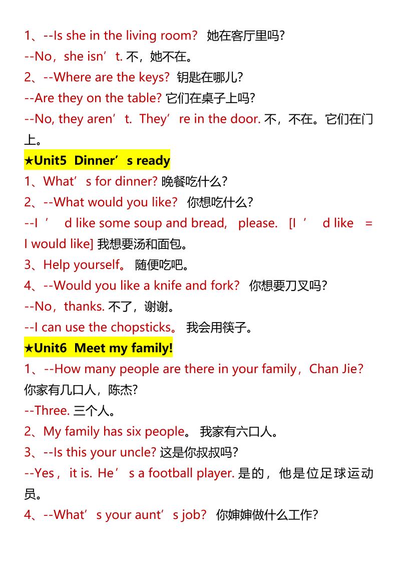 【2025秋新版】四上英语•常用表达重点句型