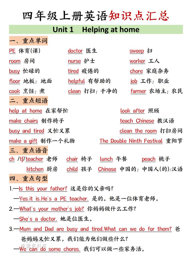 四年级上人教PEP版英语知识点汇总-玖零笔记