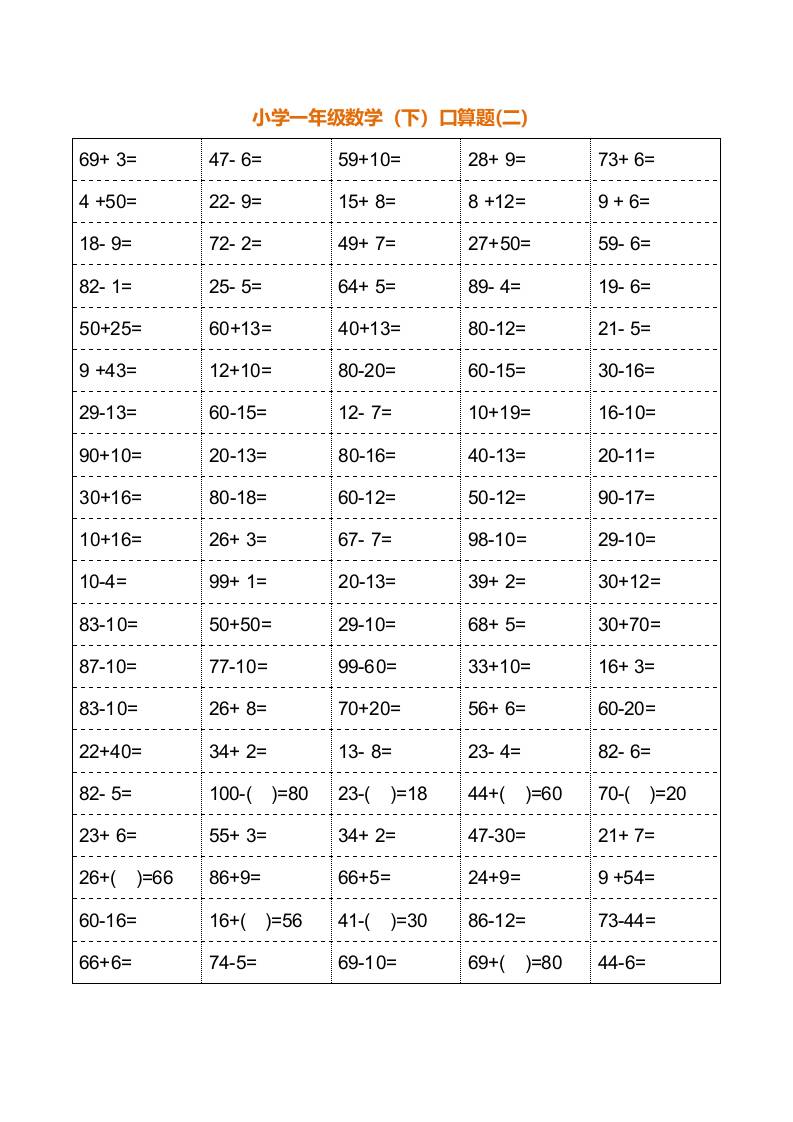一年级下册数学暑假口算训练题18套（每页100道）