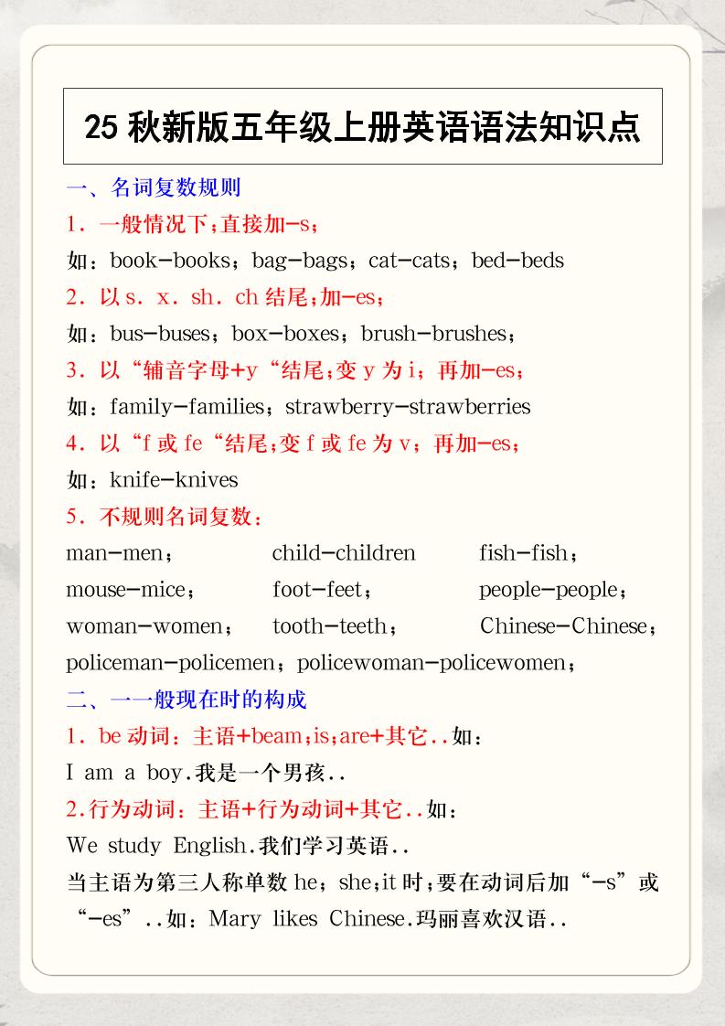 【2025秋新版】五年级上册英语语法知识点-玖零笔记