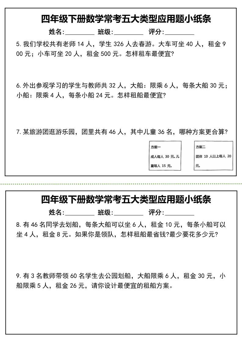 四下数学常考五大类型应用题小纸条-（通用版）