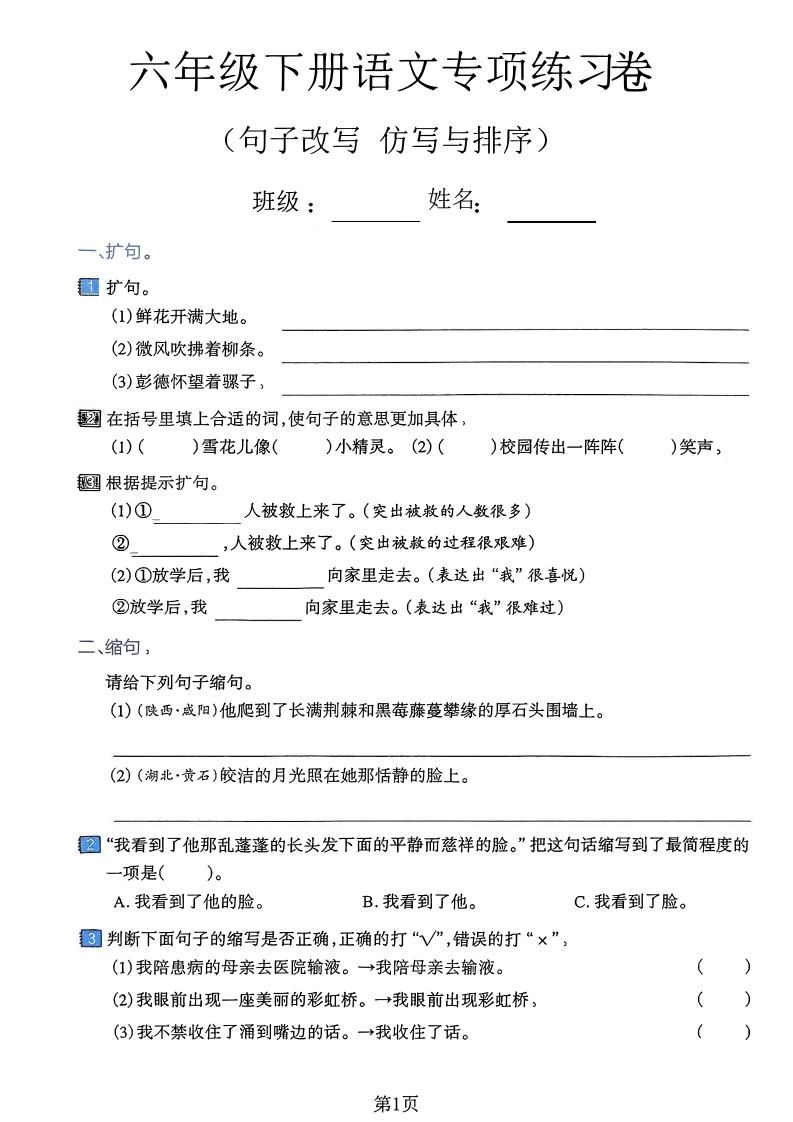 六下语文句子改写仿写与排序专项练习卷-玖零笔记