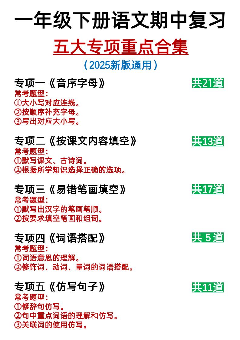 25新一下语文期中复习五大专项重点合集14页-玖零笔记